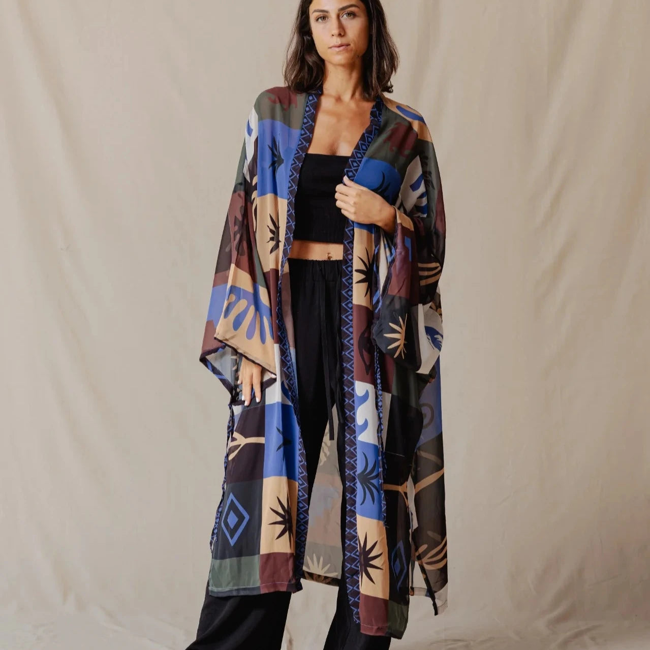 Palma Yukata Kimono In Olive And Blue
