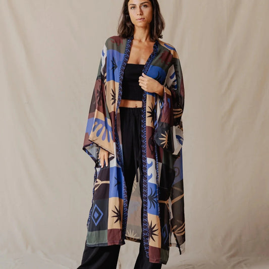 Palma Yukata Kimono In Olive And Blue