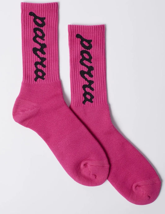 Lowercase scriptlogo crew socks “hot pink”